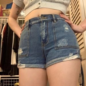 high rise distressed denim shorts